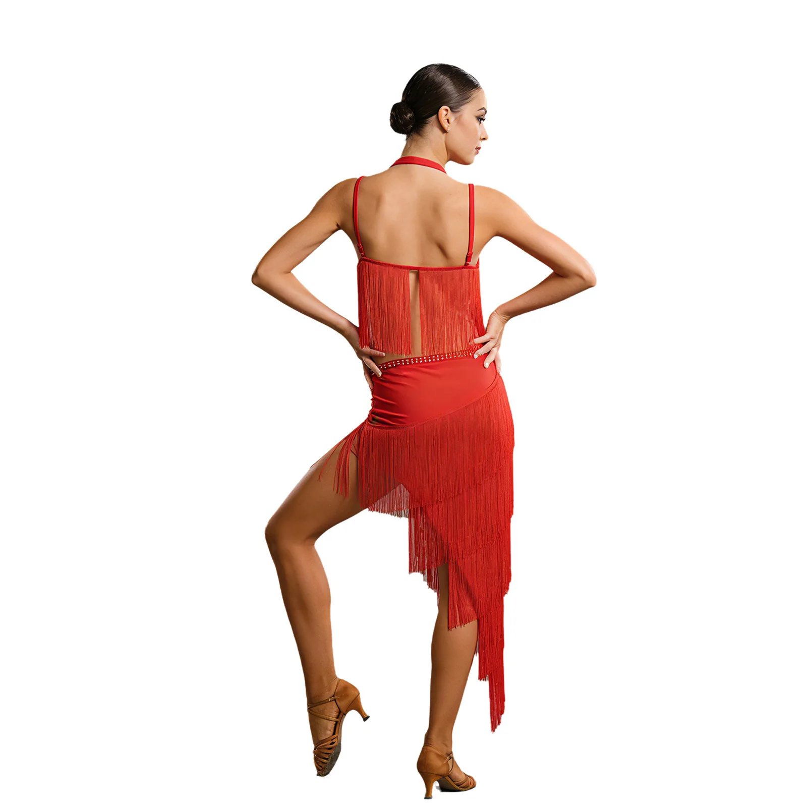 

Женский танцевальный костюм для латиноамериканских танцев: топ-халтер без рукавов со стразами и бахромой, юбка с бахромой для танцев живота, ча-ча-ча, румбы