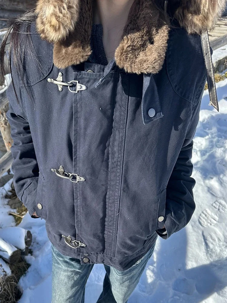 American Retro Metal Aircraft Buckle Stand Collar Jacket Cotton Men's Winter Deconstructed Design Short Wide Zipper Coat