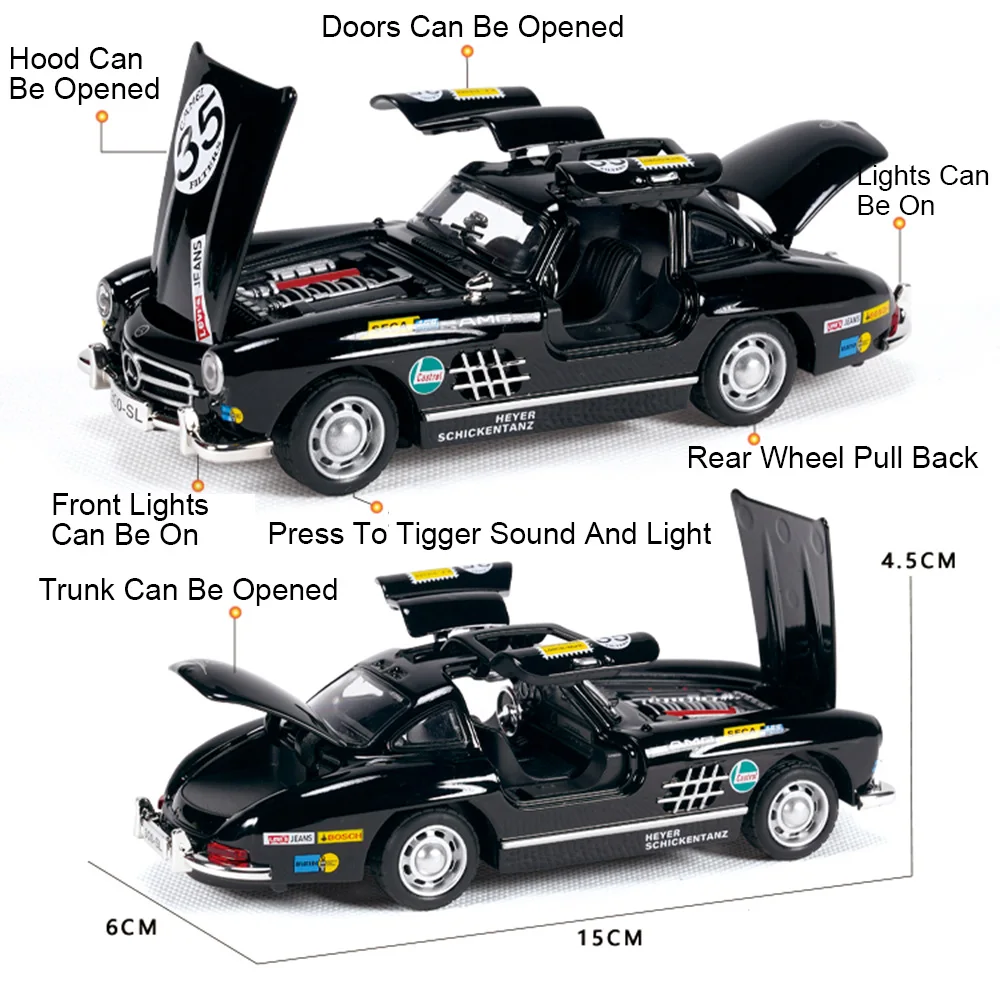 1:32 300SL Legierung Modell Diecast Spielzeug Auto Sound Licht Zurückziehen Türen Geöffnet Rad Zurückziehen Miniatur Autos für Jungen Geburtstag Geschenk