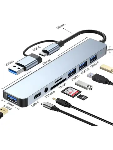 USB C Hub USB Splitter 8 in 1 USB Extender with 4 USB Port 1 USBC Port TF/SD Card Reader Audio Output Compatible for MacBook
