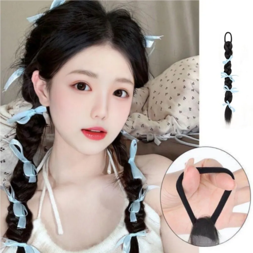 

1pcs 40cm Ballet Style Blue Bow Synthetic Braid Wig Hair Rope Y2K Hot Girl Double Ponytail Boxing Braid Extension