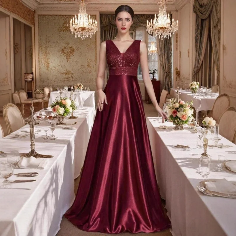 فستان سهرة أنيق جديد على الطراز الأوروبي والأمريكي من الساتان والترتر، فستان حفلات راقٍ للنساء