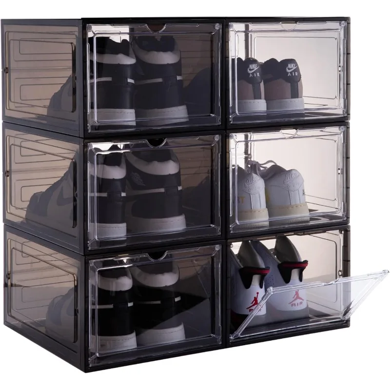 

Shoe Organizer Shoe Storage Boxes, 6 Pack Large Drop Front Shoe Boxes with Magnetic Door, Clear Plastic Stackable