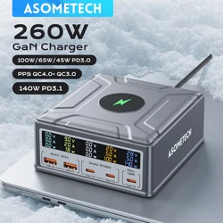 260W USB C GaN Charger QC3.0 PD3.1 140W PPS Fast Charging Station for IPhone 16 15 MacBook Pro Samsung Laptop Wireless Charger