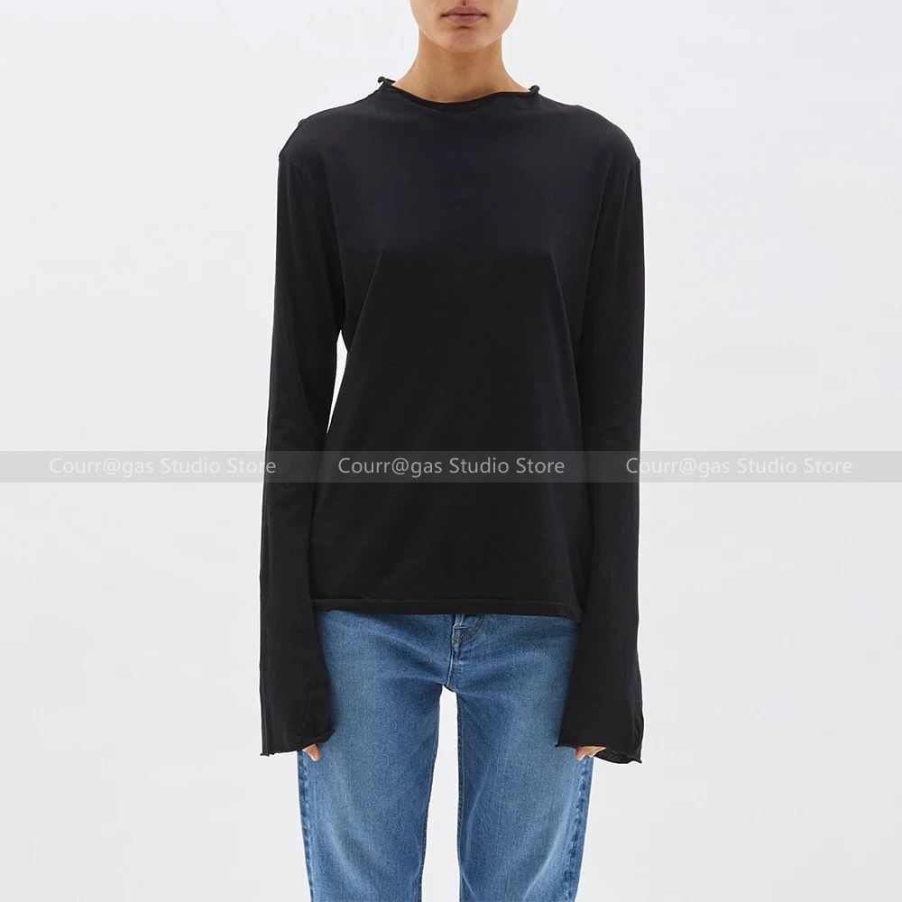 Basic simple and versatile slim fit organic cotton long-sleeved twisted hem T-shirt bottoming shirt top