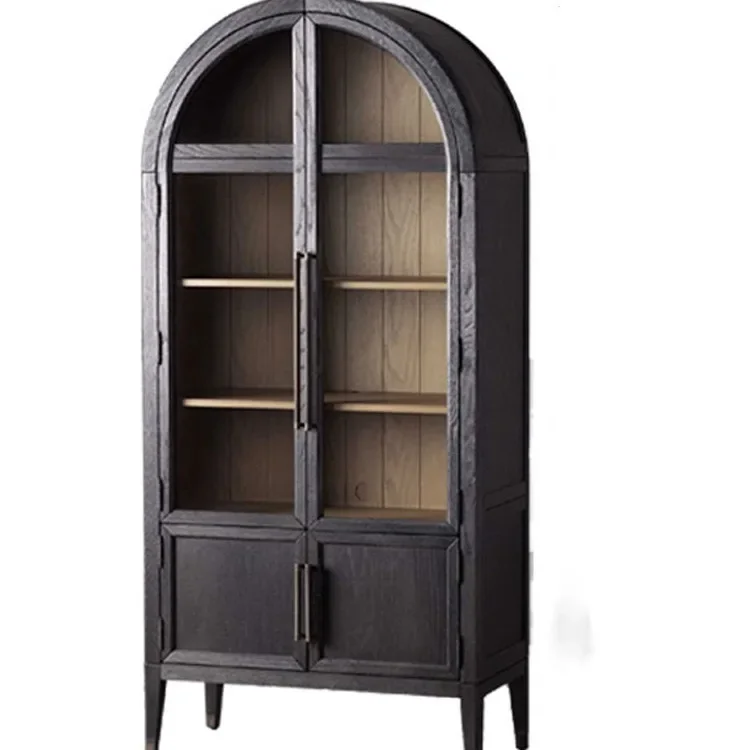 

Country solid wood bookcase with door French retro black glass door storage side cabinet arched study bookshelf
