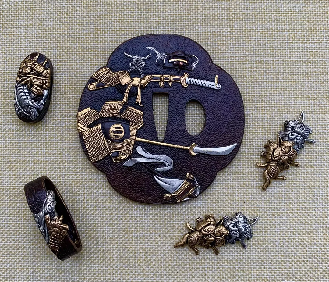 

Rare Styles Top Quality Complete Gilded Gold & Silver Copper Tsuba, Kuchi, Kashira, Menuki Tachi Katana Sword Accesories