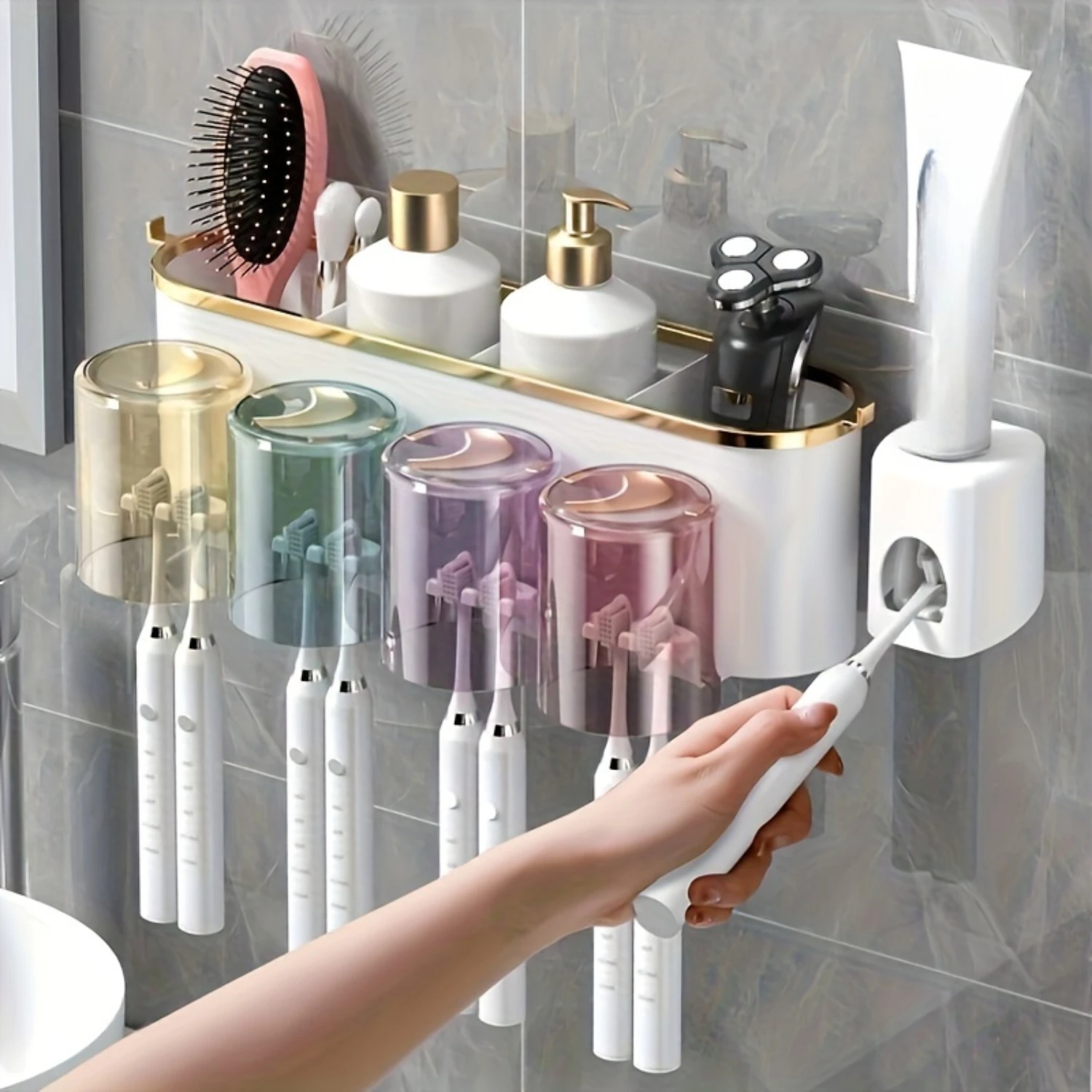 Space-Saving Wall-Mounted Toothbrush & Gargle Cup Holder - Multi-Functional Bathroom Organizer For  And Commercial Use