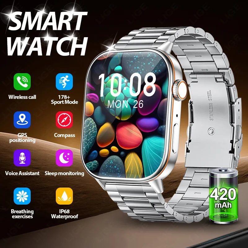 

New Men Outdoor GPS SmartWatch 2.01" HD AMOLED Compass 420mAh 178+Sport Mode Waterproof Bracelet Smartwatch 2026 For Android iOS