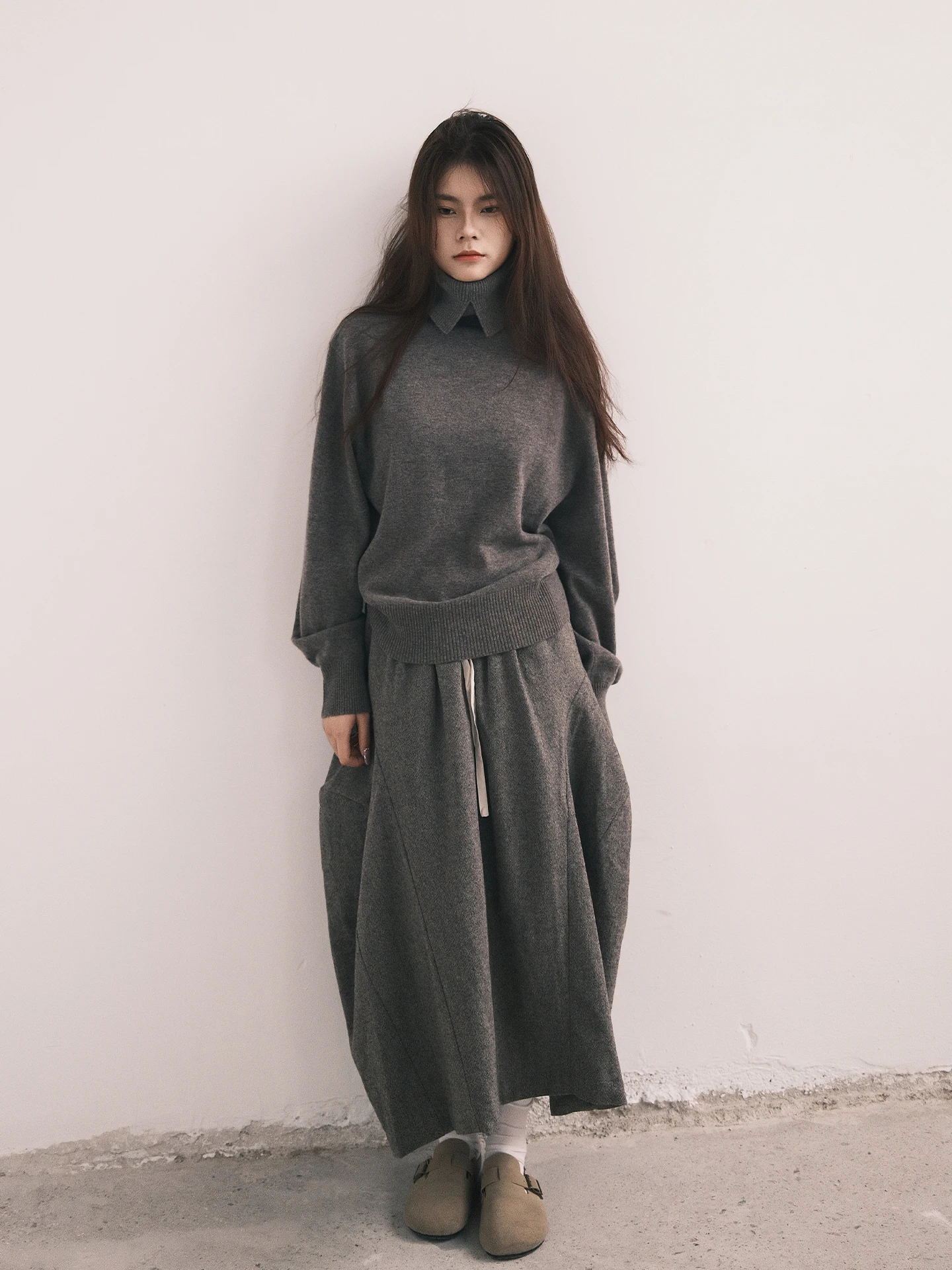 

MistFern Autumn Winter New Woolen Commute Color Blo Belted Elastic Waist Skirt Asymmetrical Korean Sle f-length S...