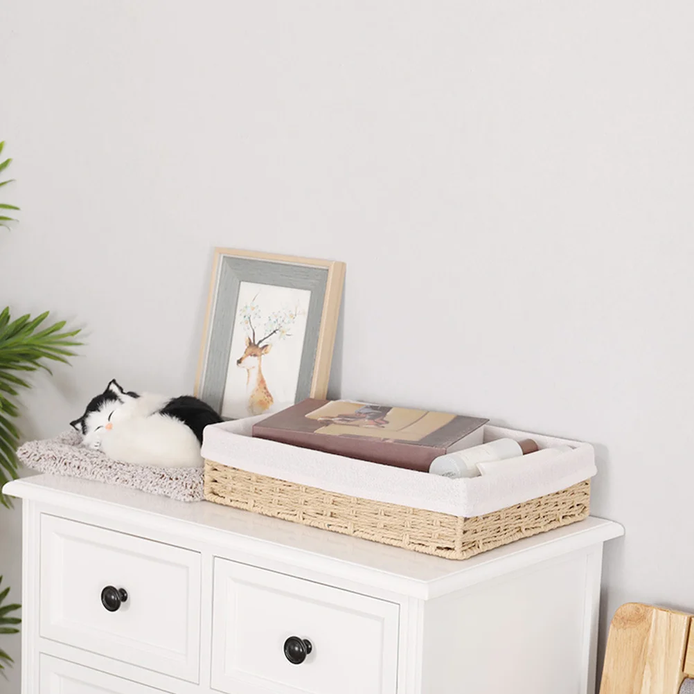 

Paper Rope Woven Storage Basket Linen Fabric Liner Desktop Organizer Basket Sundries Container Household Storage Box