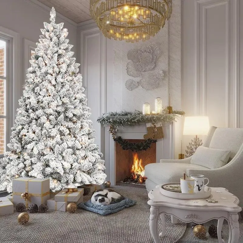 9-Foot flocked Christmas tree with 850 UL lights and 63 natural pine cones, snow-white PVC 2240 tree tips, articulated
