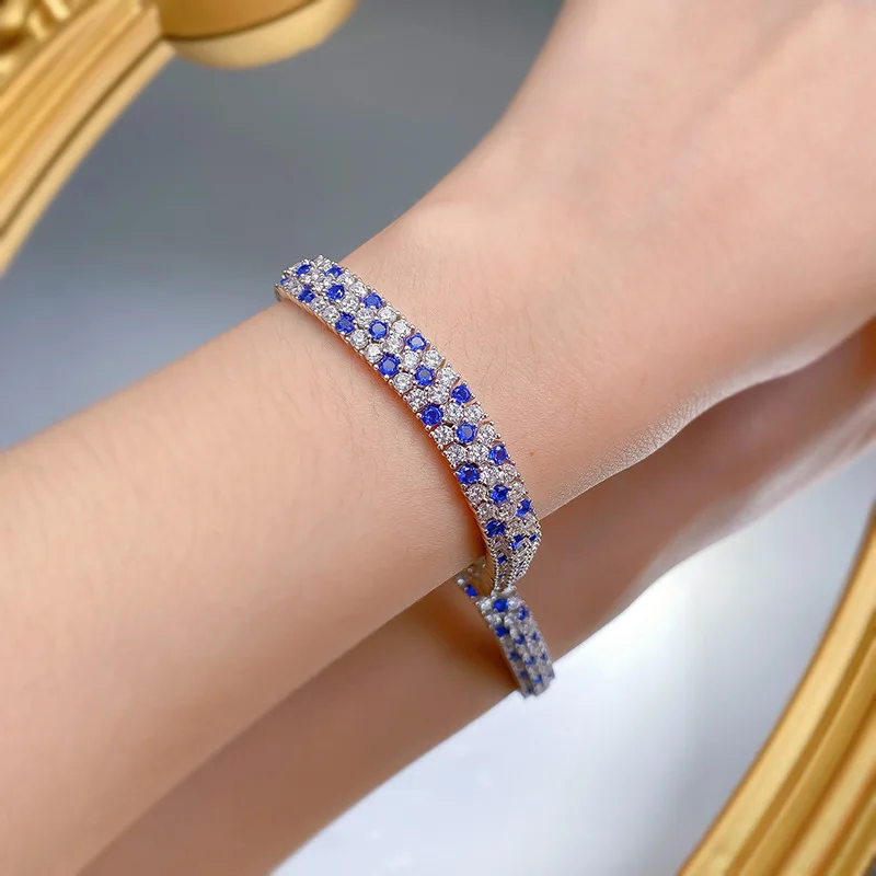 

New S925 sterling silver moissanite bracelet set with royal blue full diamond for luxury women, fashionable and elegant, the best gift for girlfriends