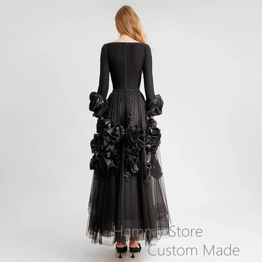 Fashion Black Prom Dress Handmade Rose Flowers Long Sleeves Square Neck Tulle A Line Saudi Arabic Evening Dresses Party Gown