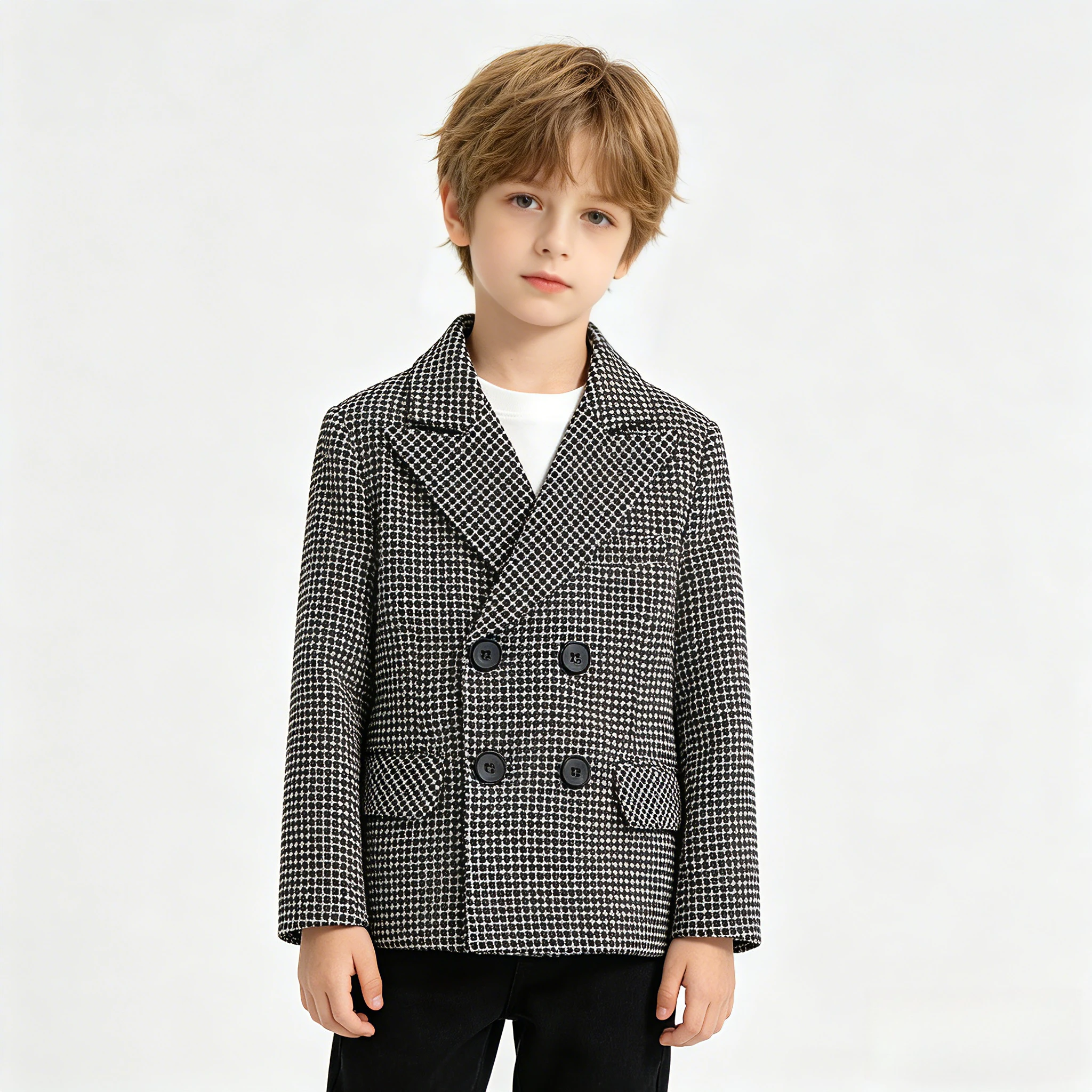 Kids Houndstooth Double Breasted Blazer, Teen Boys Girls Formal Plaid Suit Jacket for Wedding Party School & Daily Wear 2-12 Y