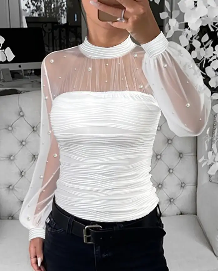 

2025 Pearl Decorative High Collar Lantern Sleeve Transparent Mesh Splicing T-Shirt Autumn Women's Sexy Long Sleeve Chiffon Shirt