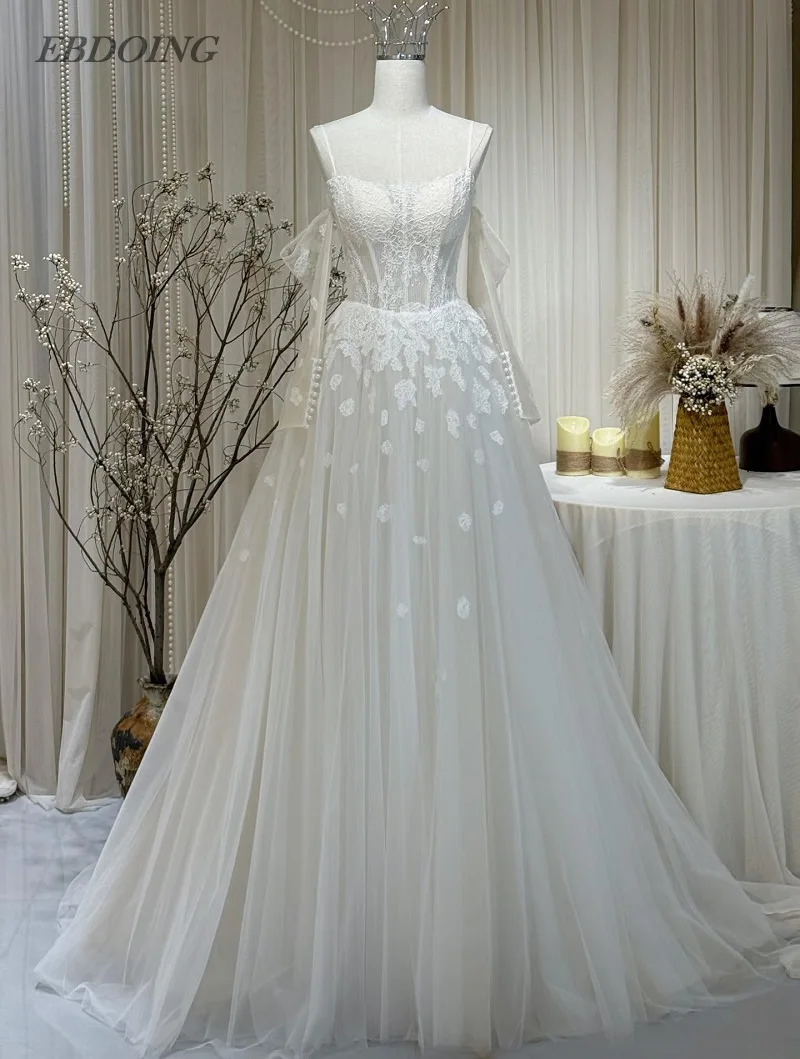 

EBDOING Wedding Dress A-Line Lace Boat Neck Neckline Detachable Sleeves With Spaghetti Straps Customized Bride Gowns