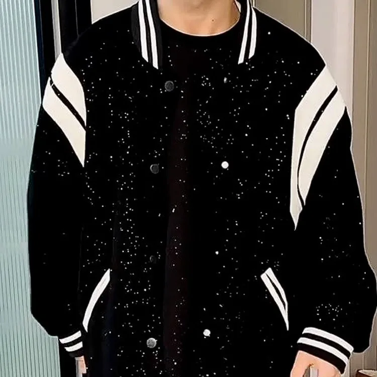 

ex Retro Baseball Jaet with Patchwork White And Star Design Bla Spring Autumn Versatile Long Sve Baseball Coat