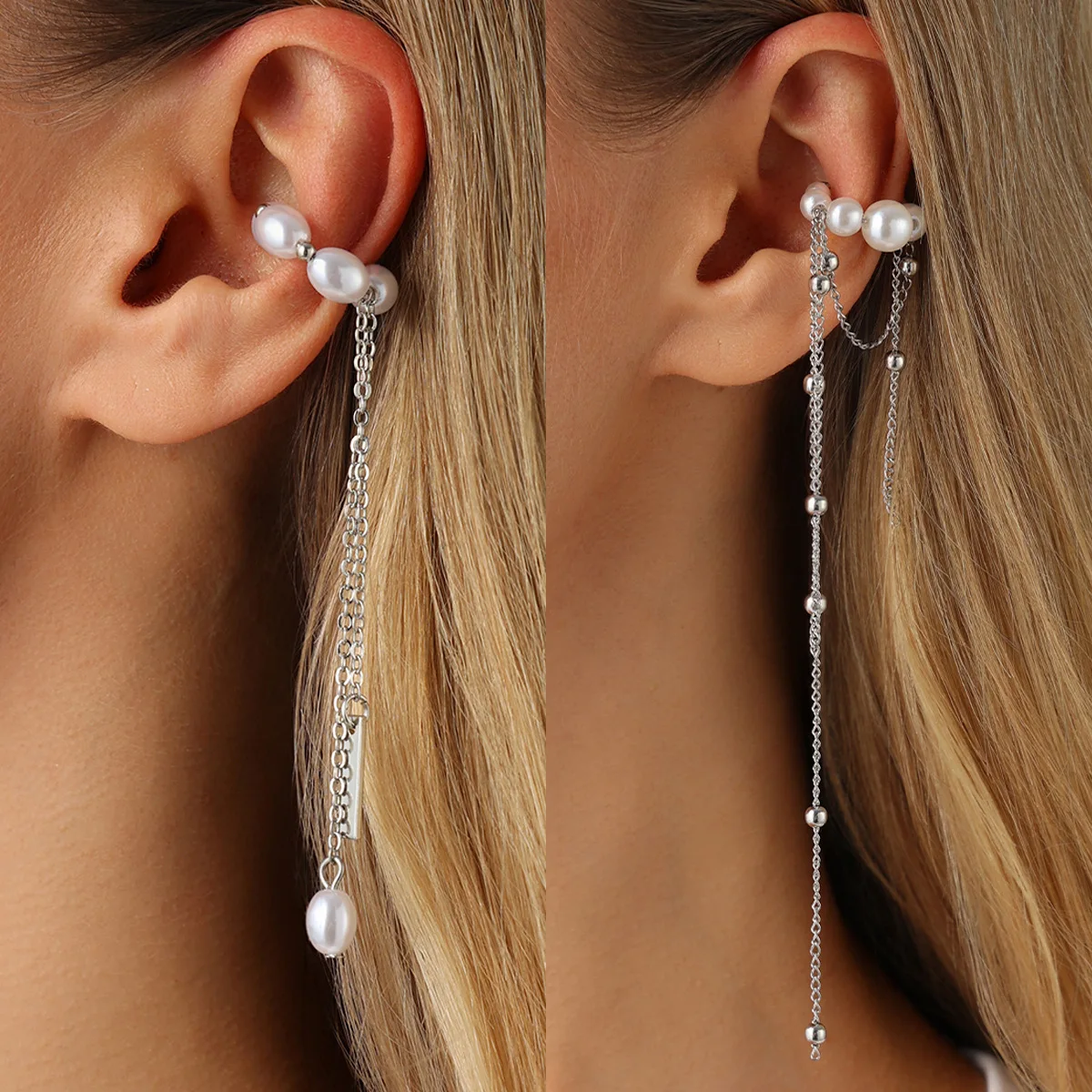 1pcs Simple Long Chain Tassel Ear Clip Earrings for Women Imitation Pearl Bead C-shaped Non Perforated Ear Buckle Cuff Jewelry