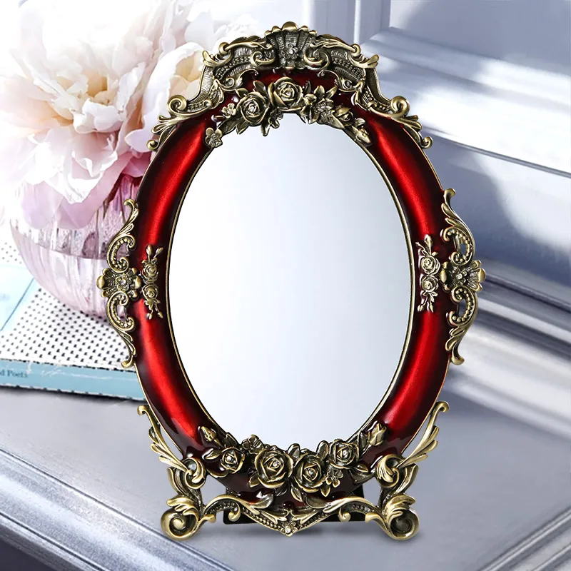 Europe 7/8inch Bronze Red Metal Frame Oval Desktop Makeup Mirror Decoration Maison Cute Mirror For Ling Room Decoration J07