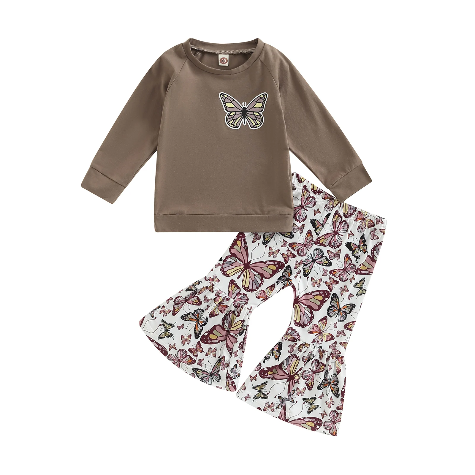 2022-08-09 Lioraitiin 0-6Years Toddler Kids Girls Fall Outfits  Print Long Sleeve Shirt Tops with Stretch Flare Pants