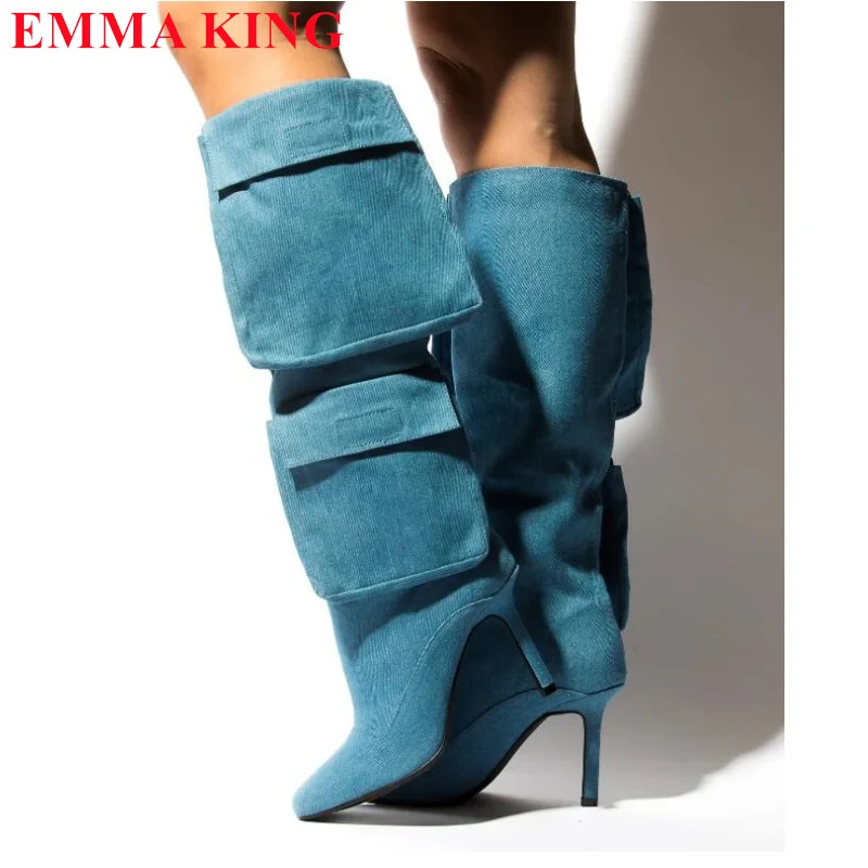 

Winter And Autumn Knee High Boots Women Fashion Design Pocket High Heel Shoes Woman Fashion Pointed Toe Footwear Plus Size 44