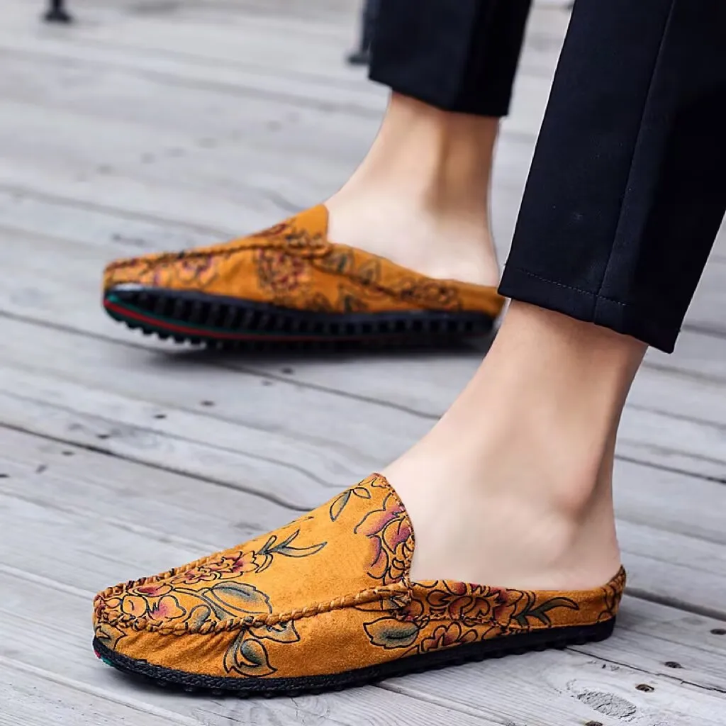 2025 Rose Pattern Slides Closed Toe Loafers Slipper Thick Bottom Half Shoes For Men Mules Flats Backless Semi-Drag Casual Shoes