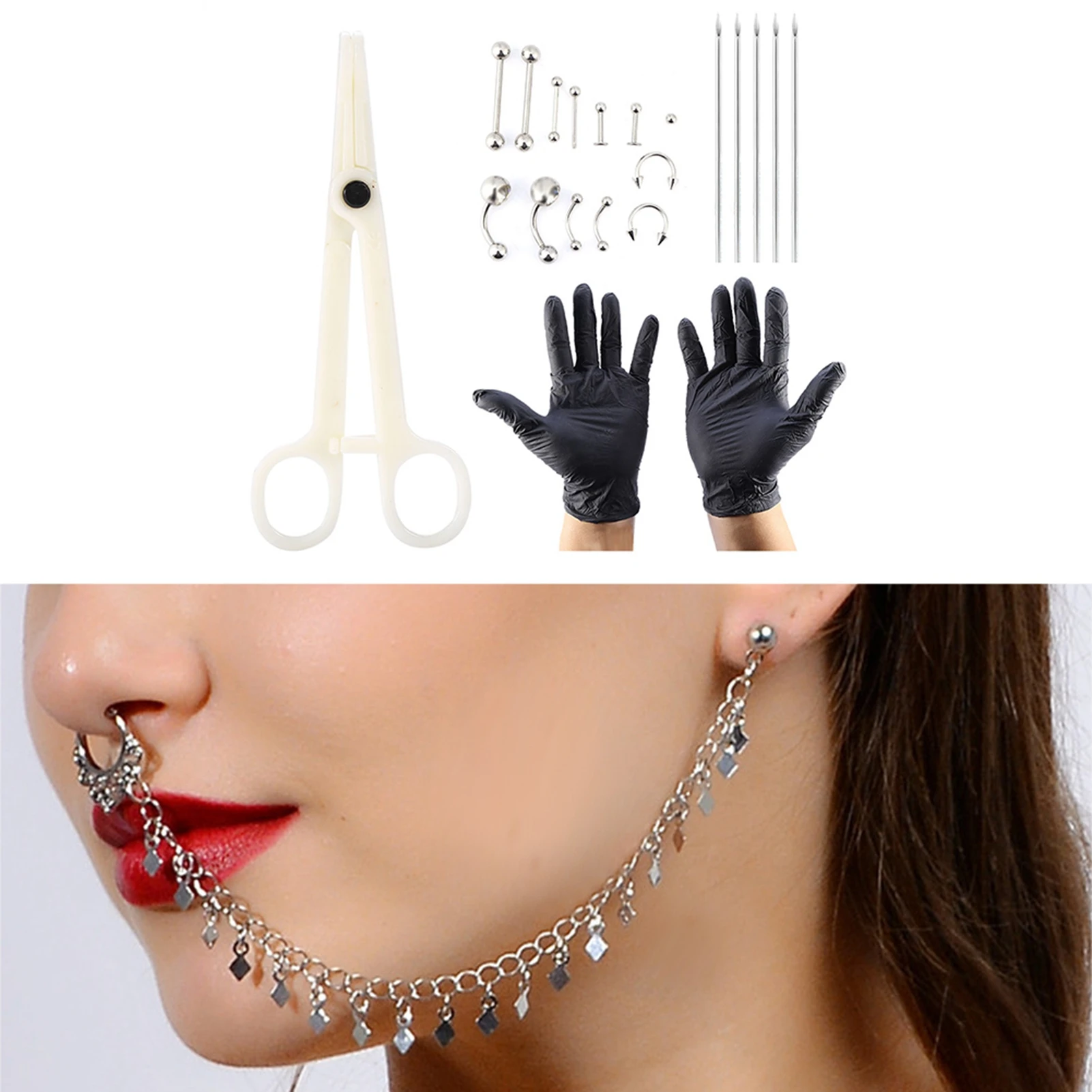 20 teile/satz Zunge Nase Bauchnabel Körper Schmuck Piercing Ringe Clamp Handschuhe Nadeln Tool Kit Körper Piercing Ring Kit – Detail 5