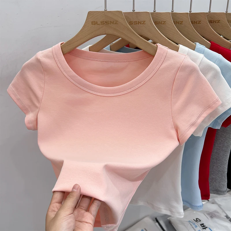 2026 Sommer Tanktop Slim Fit Sexy Crop Top Damen Baumwolle O-Ausschnitt Kurzarm T-Shirt Koreanischer Stil Einfarbig Vielseitiges Oberteil