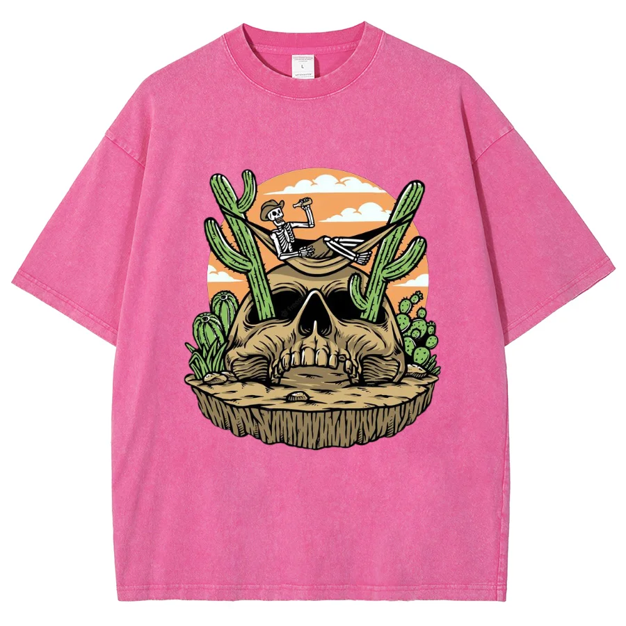Cartoon Desert Skull Print Women's T-Shirt Breathable Cotton Short-Sleeved Washed Retro Hip Hop Hoodie Loose Sportswears