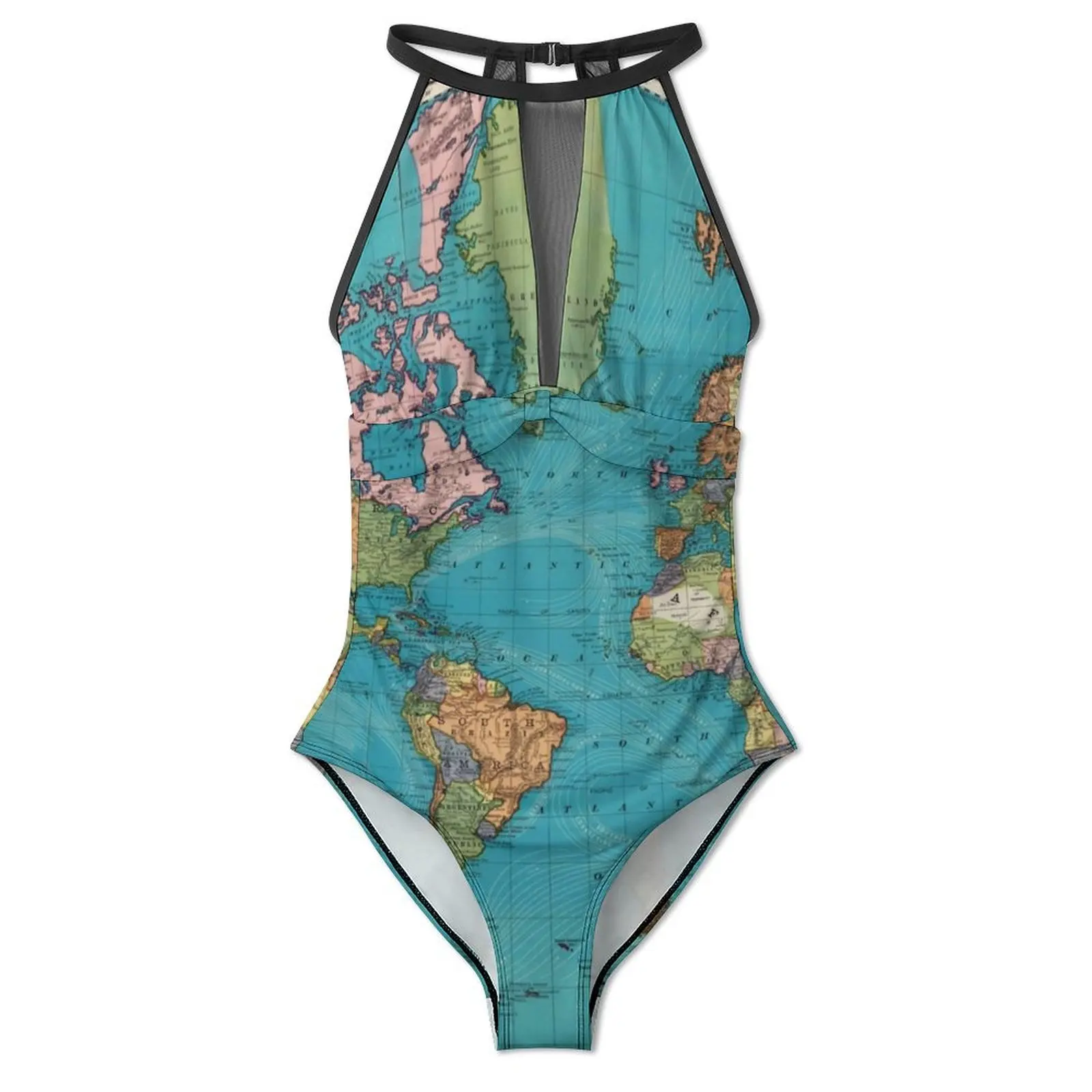 Vintage Map Print Swimsuit The World 1897 Push Up Swimwear One Piece Beach Bathing Suit Bodysuit Graphic Beachwear Plus Size