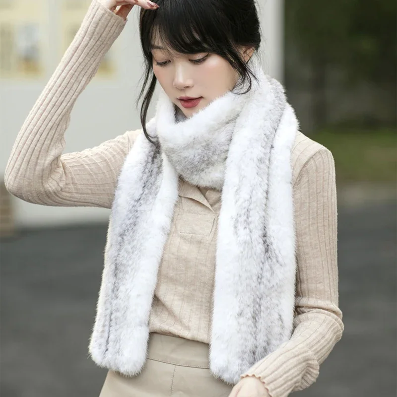 Real Mink Fur Knit Scarf for Women Winter Warm Fur Shawls Colorful Shoulder Warmer Long Mixed Hand-made Neck Warm Scarf