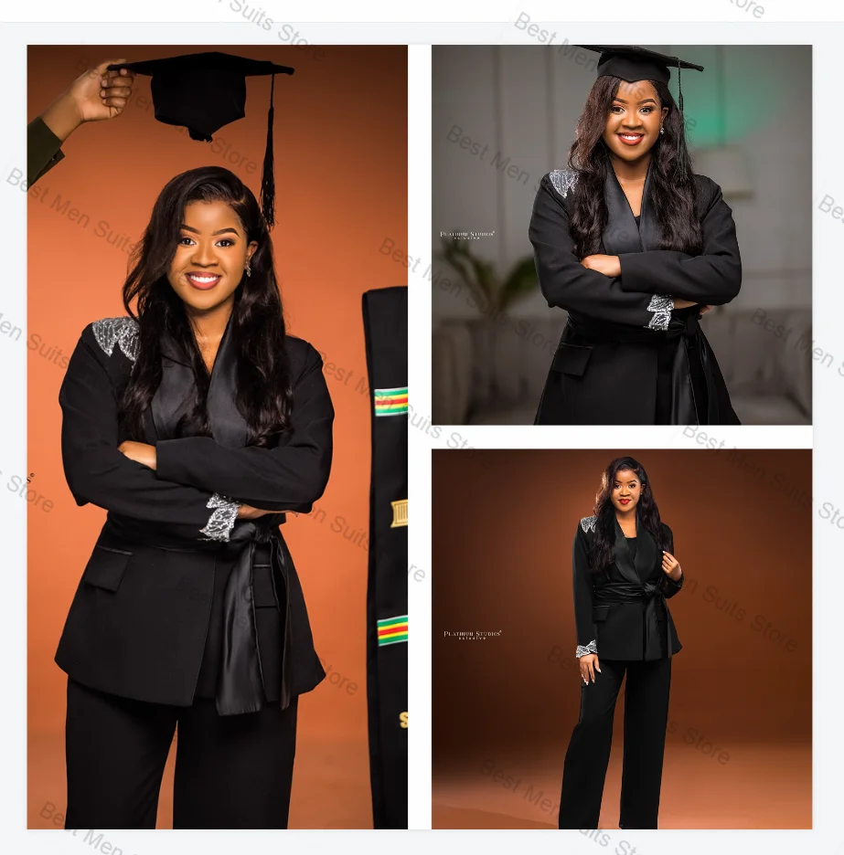 

Black Women Suit Pants Set 2 Pcs Blazer+Trousers Graduation Autumn Formal Office Jacket Customized Wedding Tuxedos Belted Coat