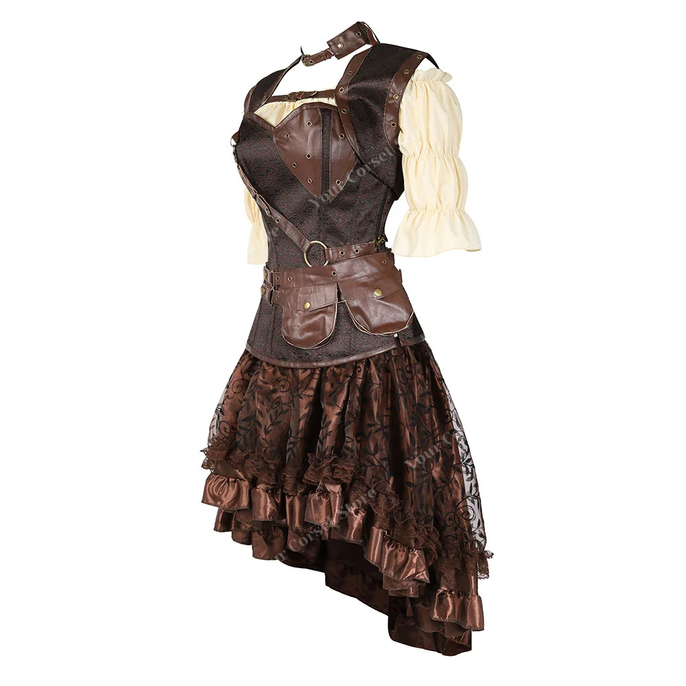 Steampunk Corset Dress Pirate Costume Vintage Renaissance Blouse Women Brown Pirate Corset Dress Plus Size Viking Costume Skirt