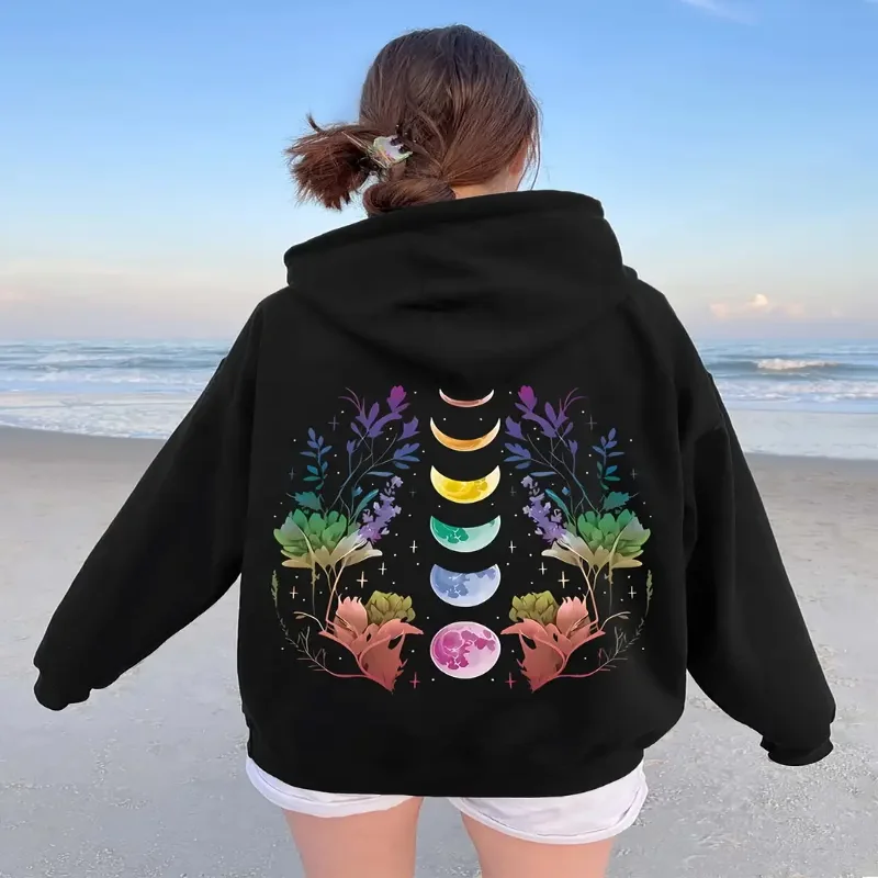 

Уютная толстовка с рисунком луны, повседневный пуловер на шнурке с карманом кенгуру для женской уличной одежды на осень и зиму, повседневная одежда