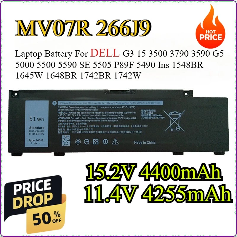 

11.4V 4255mAh MV07R 266J9 Laptop Battery For DELL G3 15 3500 3790 3590 G5 5000 5500 5590 SE 5505 P89F 5490 Ins 1548BR 1645W