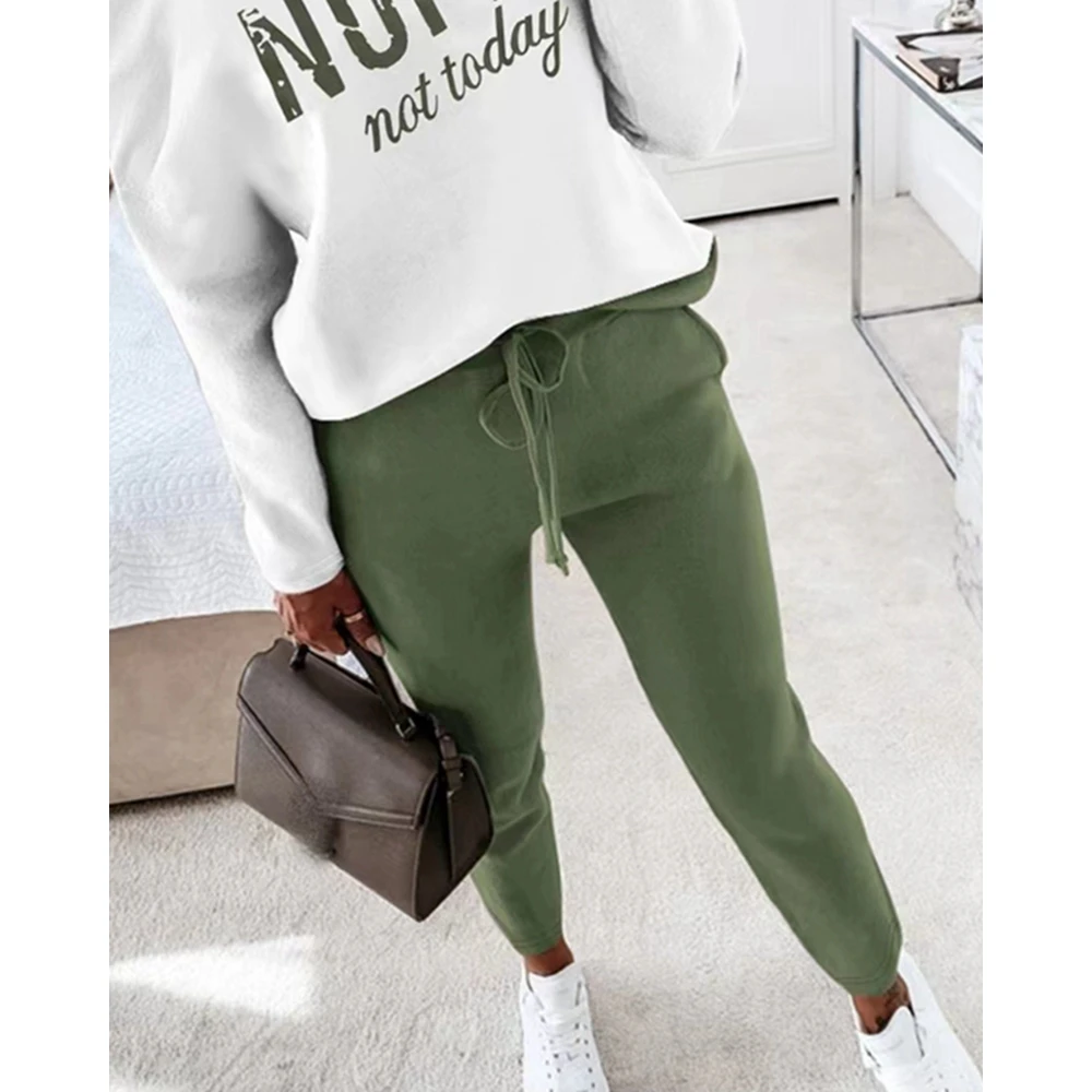 2024 Autumn Women Nope Not Today Print Top & Shirred Waistband Pants Set Female Off Shoulder Top 2 Pieces Suit Sets Casual