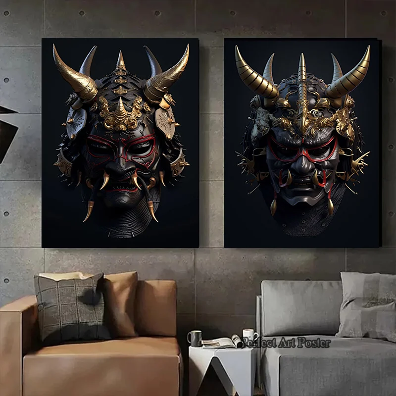 Black Gold Samurai Mask Wall Art Canvas Painting Posters and Prints Cool Japanese Style Mural Picture for Living Room Decoration