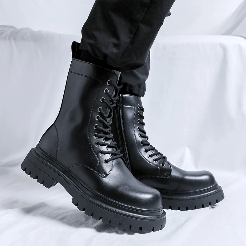 Dicke Sohlen Plattform Männer Echtes Leder Stiefel Luxus Designer Runde Kappe High Top Stiefel Mode Trends Straße Seite Zipper Schuhe