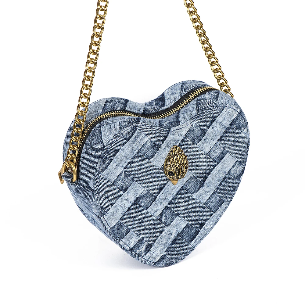 Lady Heart Shaped Bag Wash Denim In Weave Print Purse Jointing Cross Body Bag Patchwork Mobile Phone Bag