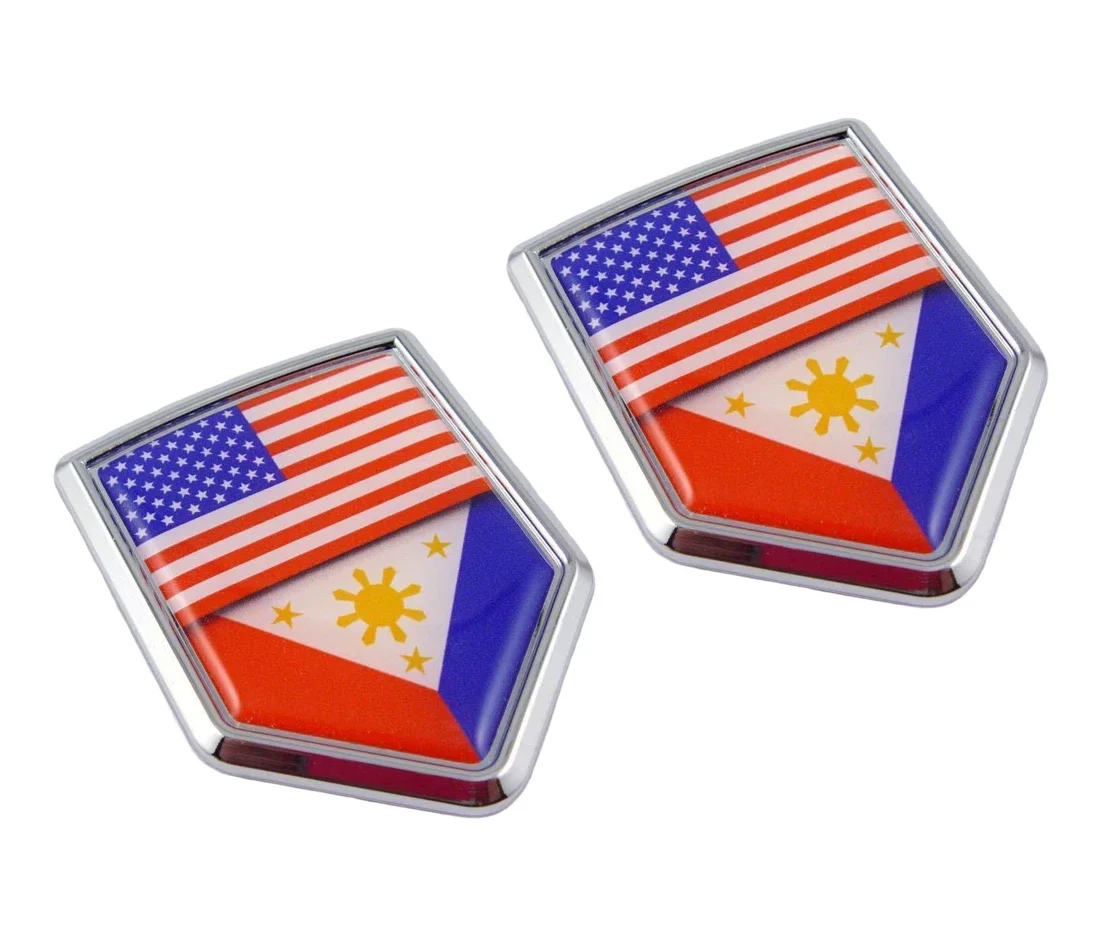 

2PCS USA Philippine Philippinian American Flag Car Shield Shape Chrome Emblem Decal Sticker for Car Truck SUV Motorcycle Etc.