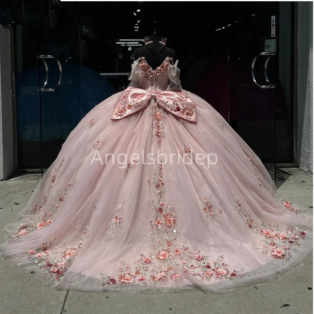 Angelsbridep مخصص المكسيكي الوردي القوس الأميرة الكرة ثوب 15 سنة فساتين Quinceanera حفلة عيد ميلاد Vestidos De 15 Años