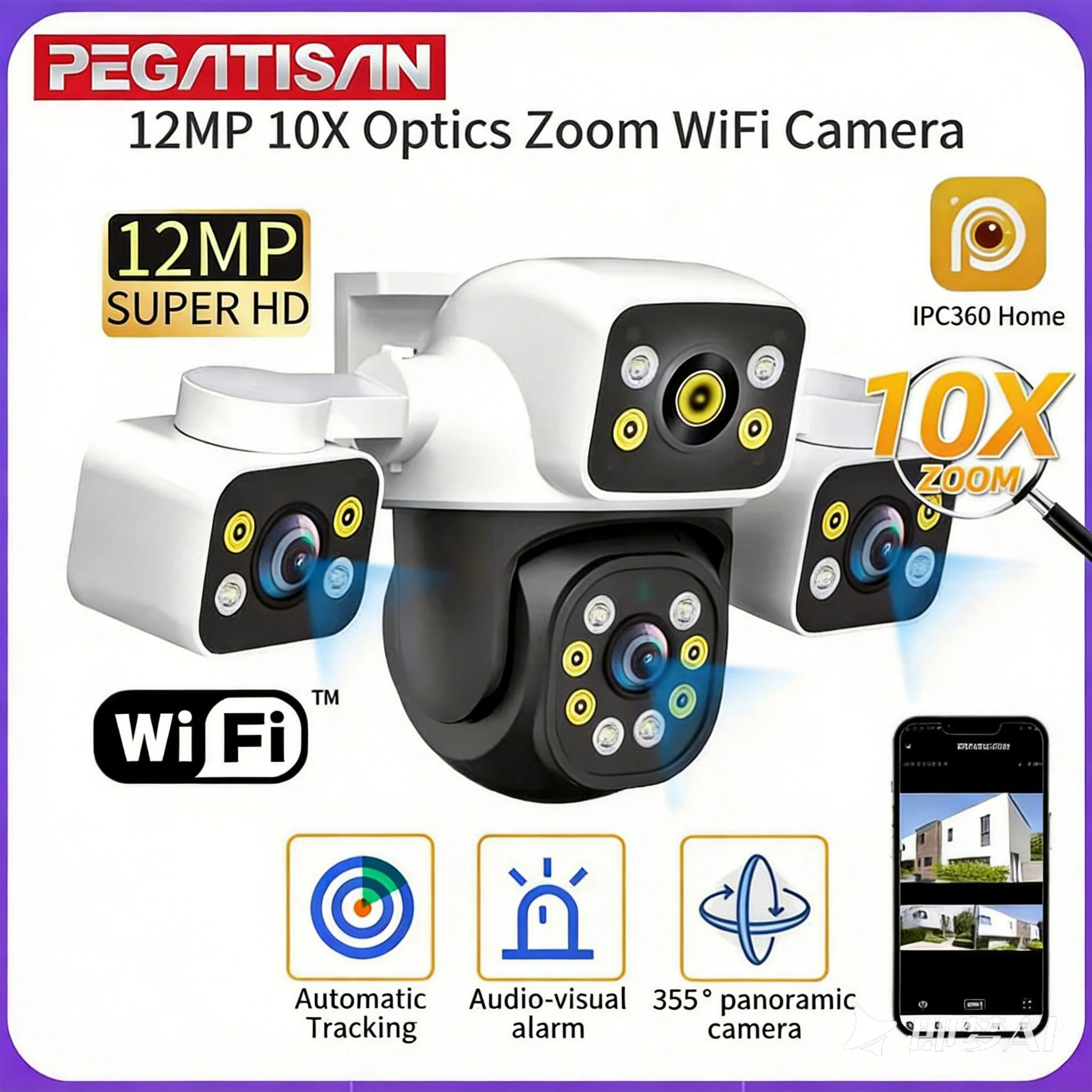 12MP 10X Zoom Câmera WiFi externa com três telas e três lentes PTZ Rastreamento automático Câmera de segurança com alarme visual audível