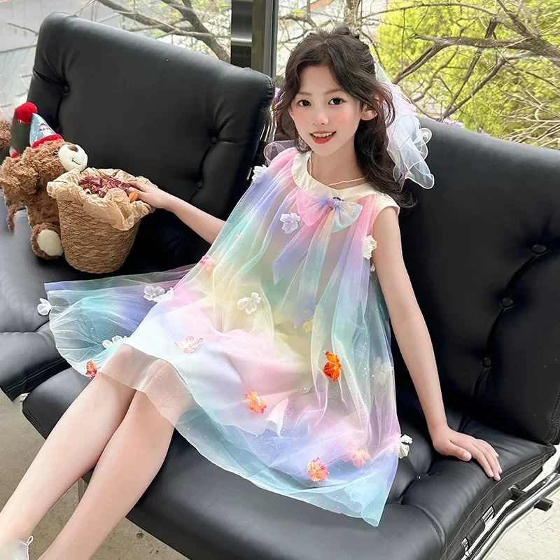 Vestido de Tule Arco-Íris para Meninas Verão 2026 com Bordado de Flores 3D, Vestido de Princesa para Festas e Praia, Vestidos para Bebês e Crianças Y2