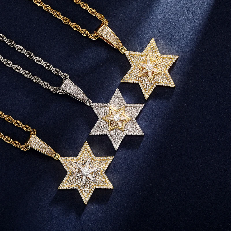 Hip Hop 5A+ CZ Stone Paved Bling Ice Out Rotatable Jew Star of David Hexagram Pendants Necklaces for Men Rapper Jewelry