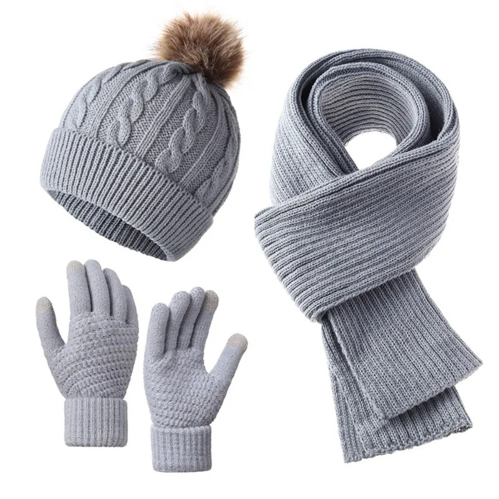 3Pcs/Set Warm Winter Hat Scarf Gloves Set Thicken Windproof Knit Beanie Snood Set Elastic Soft Touchscreen Gloves for Men Women