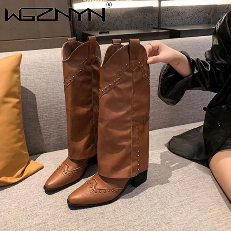 Women 2025 Square Heel Cowboy Western Short Leather Knee High Luxury Designer Gothic Punk New Rock Shoes Vintage Studded Boots