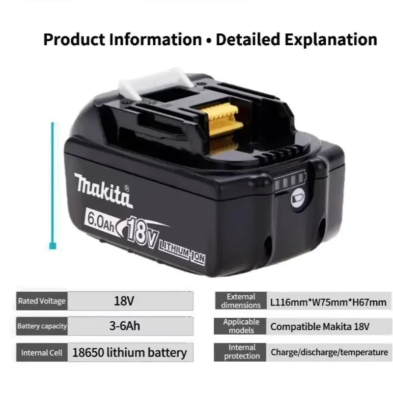 بطارية ماكيتا الأصلية، بطارية قابلة للشحن 18 فولت 6.0 أمبير في الساعة، أداة كهربائية BL1830 BL1840、BL1850、BL1860B، بطارية ليثيوم ماكيتا 18 فولت