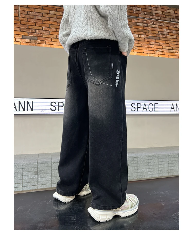 Schwarze Jeans für Teenager und Kinder, Frühling/Herbst, Retro-Verlauf-Design, gerade Passform, Denim-Hose, stylische weite Hose für Jungen, 5-14 Jahre – Detail 9