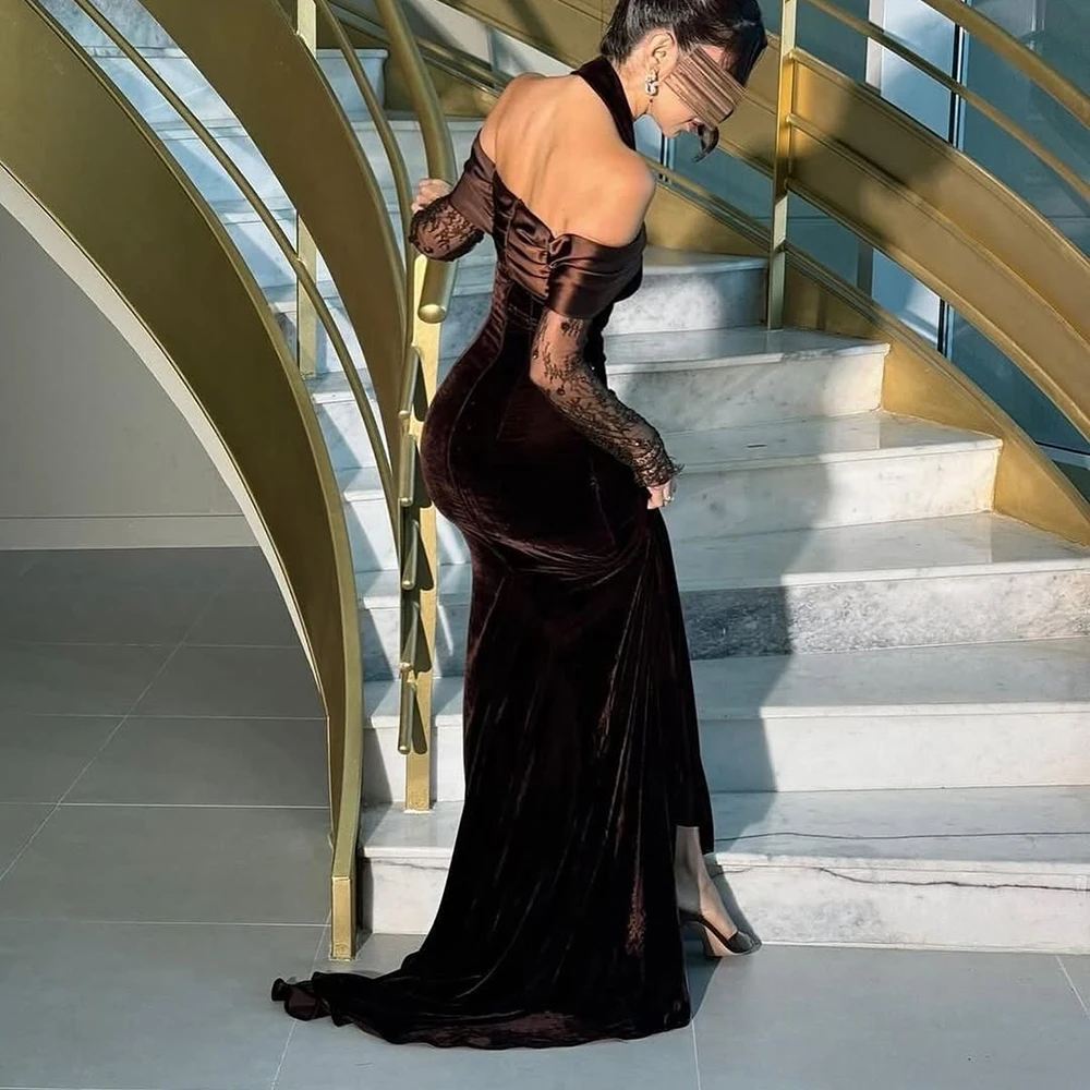 فساتين سهرة حورية البحر مخصصة بطول الأرض وياقة مربعة وأكمام طويلة فستان حفلات أنيق من الدانتيل بدون ظهر